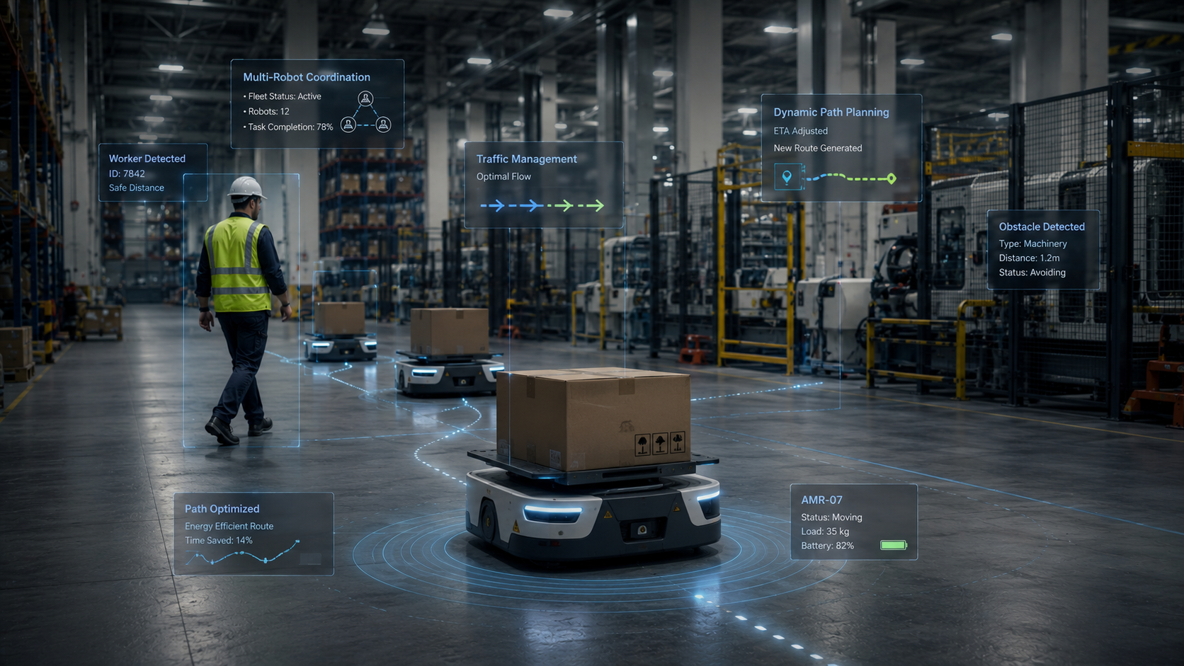 KenRobotics AI coordinating an autonomous mobile robot fleet with worker detection, path planning and obstacle avoidance